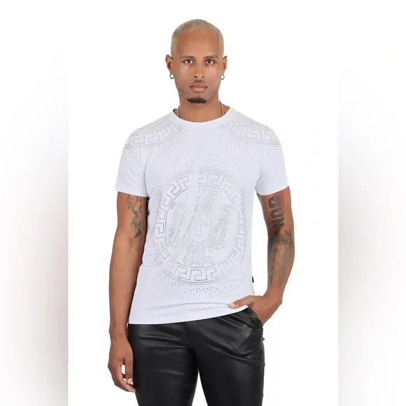 Men Rhinestone Medusa Greek Pattern Crew-neck T-Shirt - Picture 4 of 6